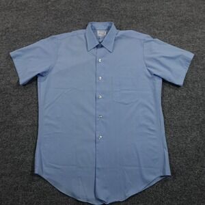 VTG 70s Hansom Shirt Mens 15.5 Blue Work Button Up Short Sleeve Dacron 12608